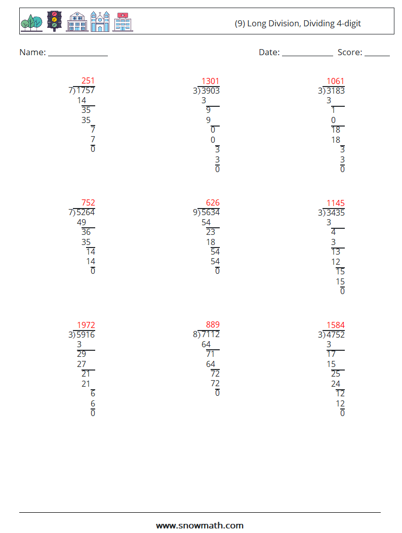 (9) Long Division, Dividing 4-digit Math Worksheets 5 Question, Answer