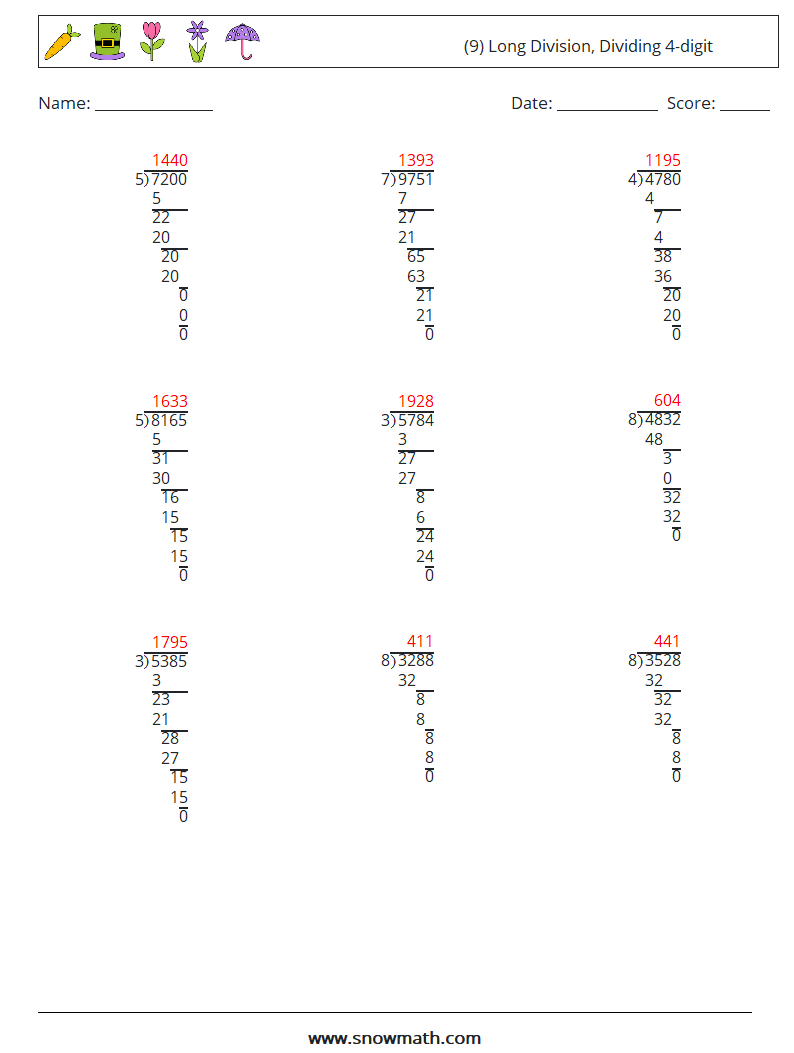 (9) Long Division, Dividing 4-digit Math Worksheets 6 Question, Answer