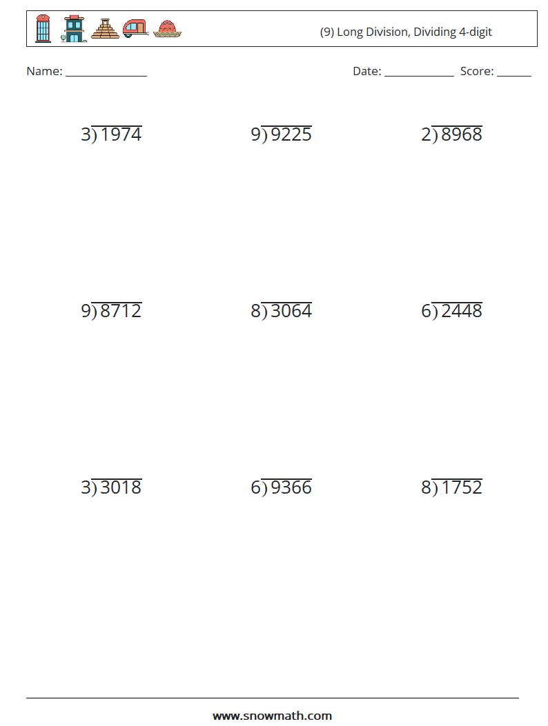 (9) Long Division, Dividing 4-digit Math Worksheets 7