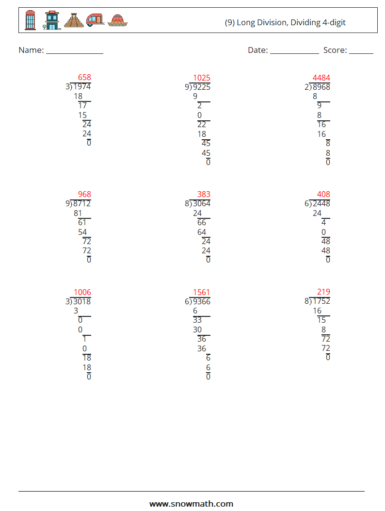 (9) Long Division, Dividing 4-digit Math Worksheets 7 Question, Answer