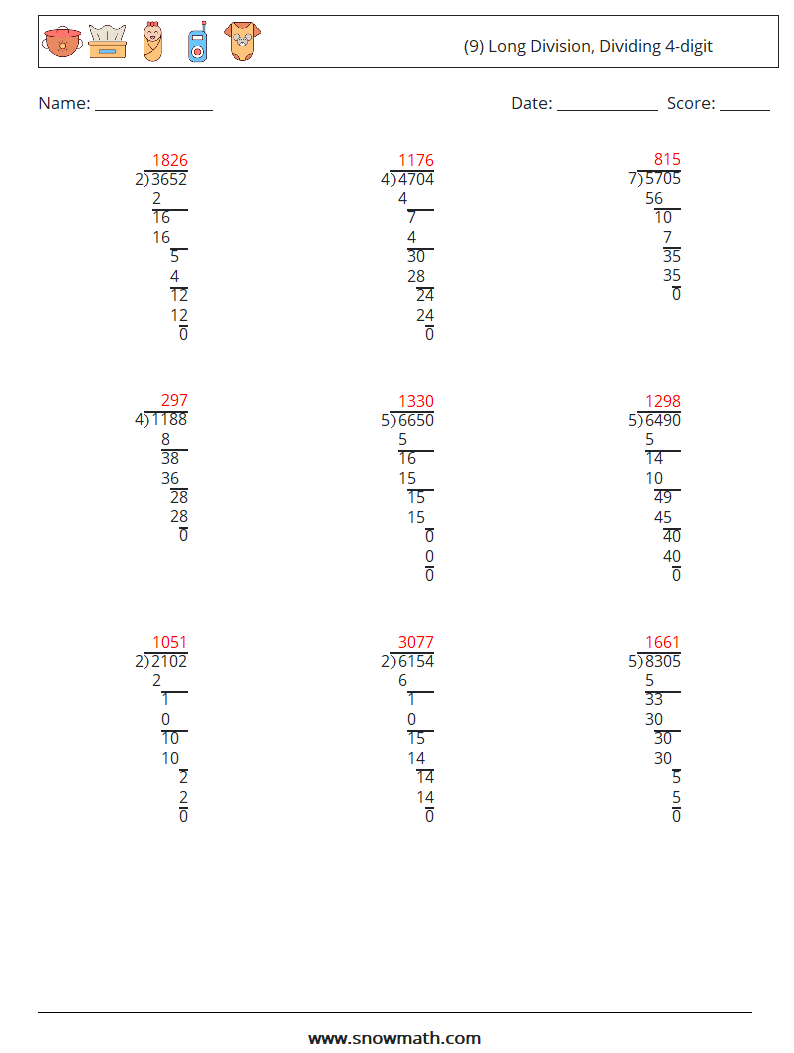 (9) Long Division, Dividing 4-digit Math Worksheets 9 Question, Answer