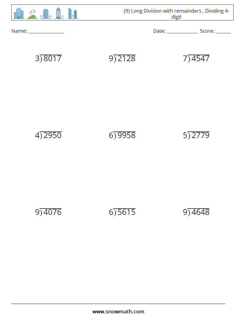 (9) Long Division with remainders , Dividing 4-digit