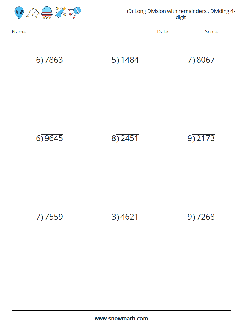 (9) Long Division with remainders , Dividing 4-digit Math Worksheets 10