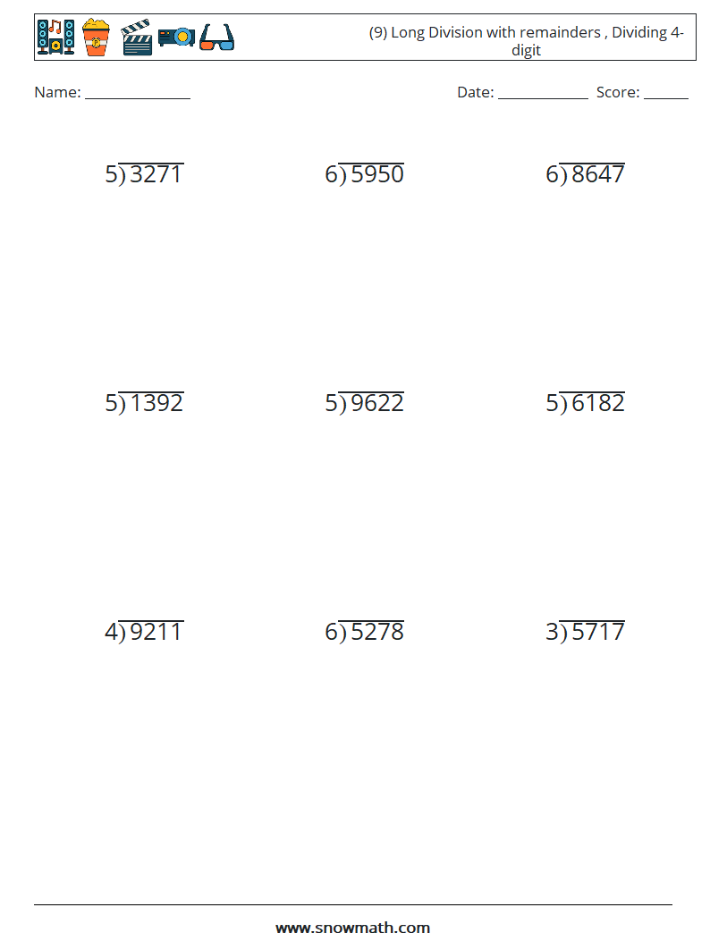 (9) Long Division with remainders , Dividing 4-digit Math Worksheets 11