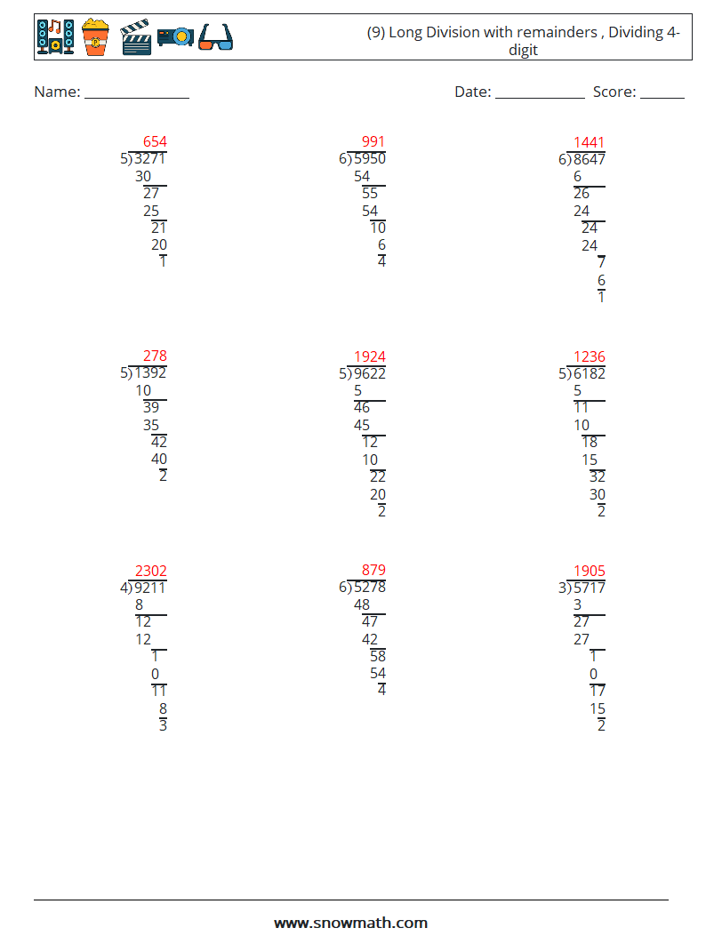(9) Long Division with remainders , Dividing 4-digit Math Worksheets 11 Question, Answer