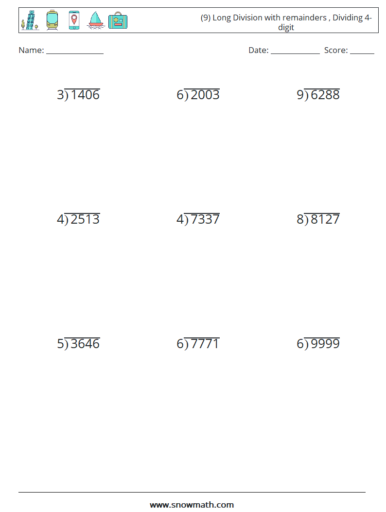 (9) Long Division with remainders , Dividing 4-digit Math Worksheets 12