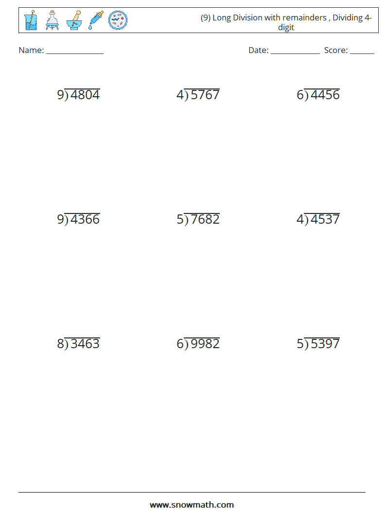 (9) Long Division with remainders , Dividing 4-digit Math Worksheets 13