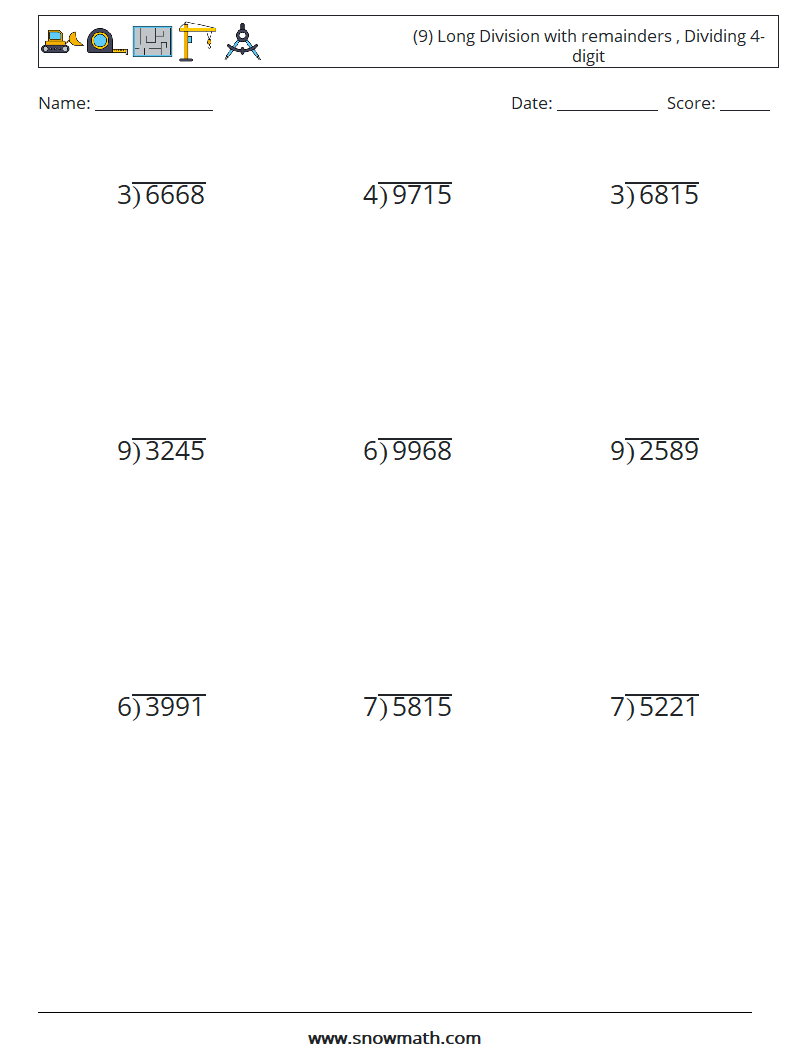 (9) Long Division with remainders , Dividing 4-digit Math Worksheets 14