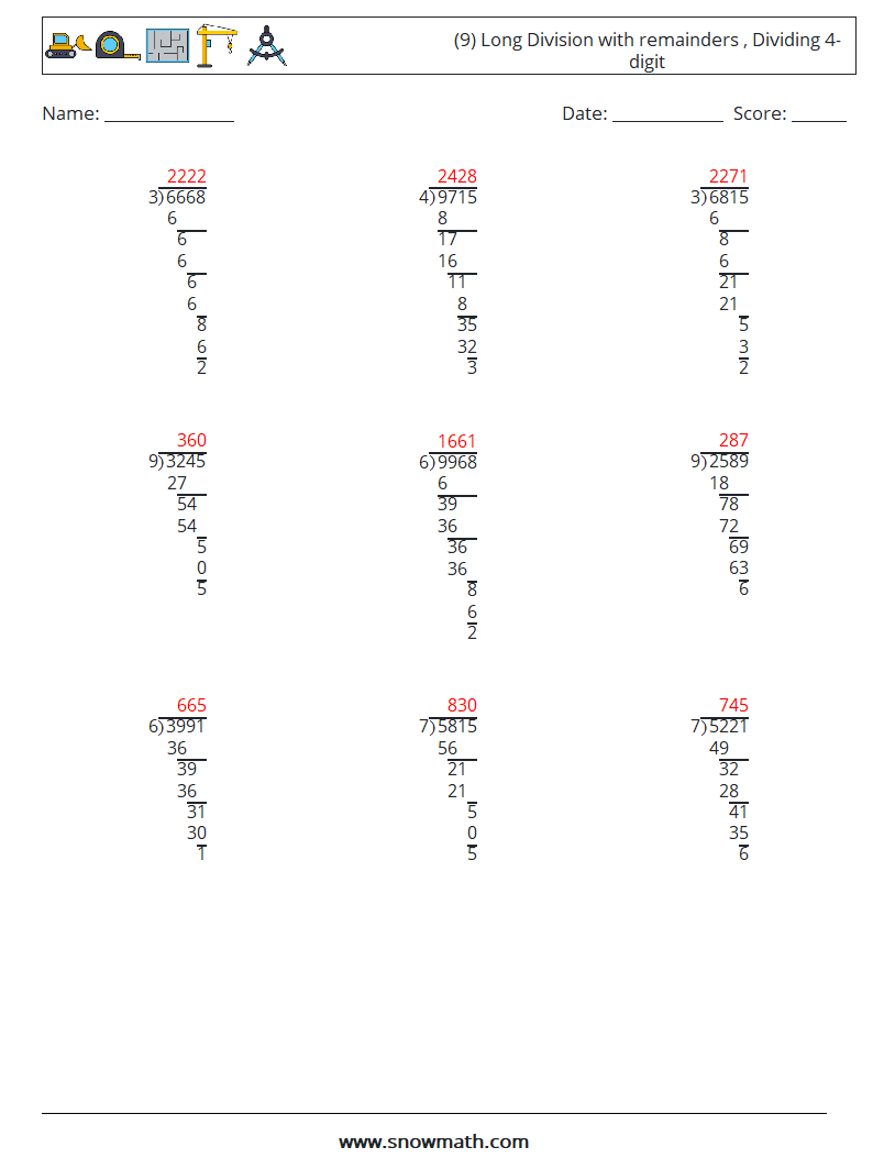 (9) Long Division with remainders , Dividing 4-digit Math Worksheets 14 Question, Answer