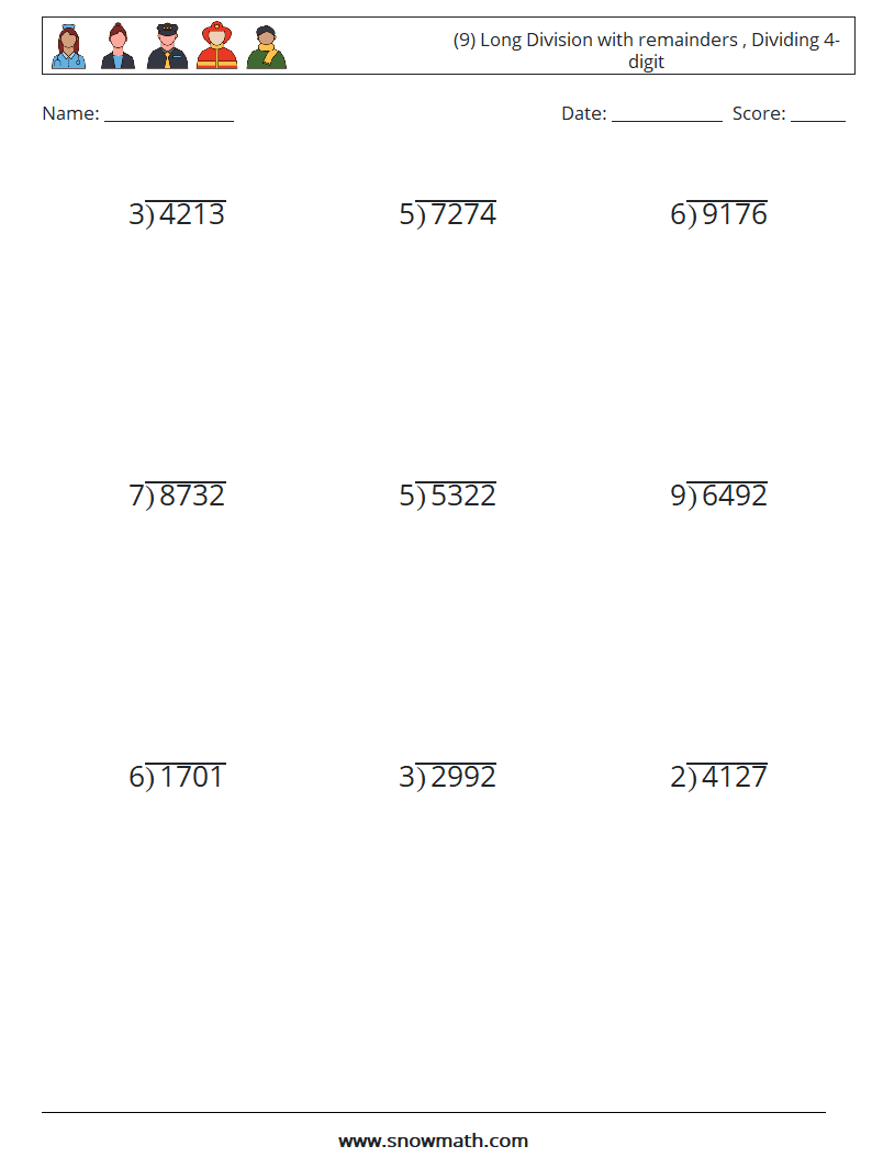 (9) Long Division with remainders , Dividing 4-digit Math Worksheets 15