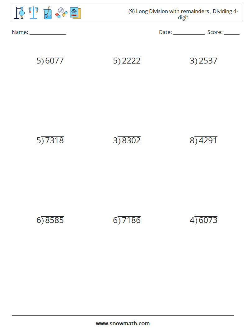 (9) Long Division with remainders , Dividing 4-digit Math Worksheets 16