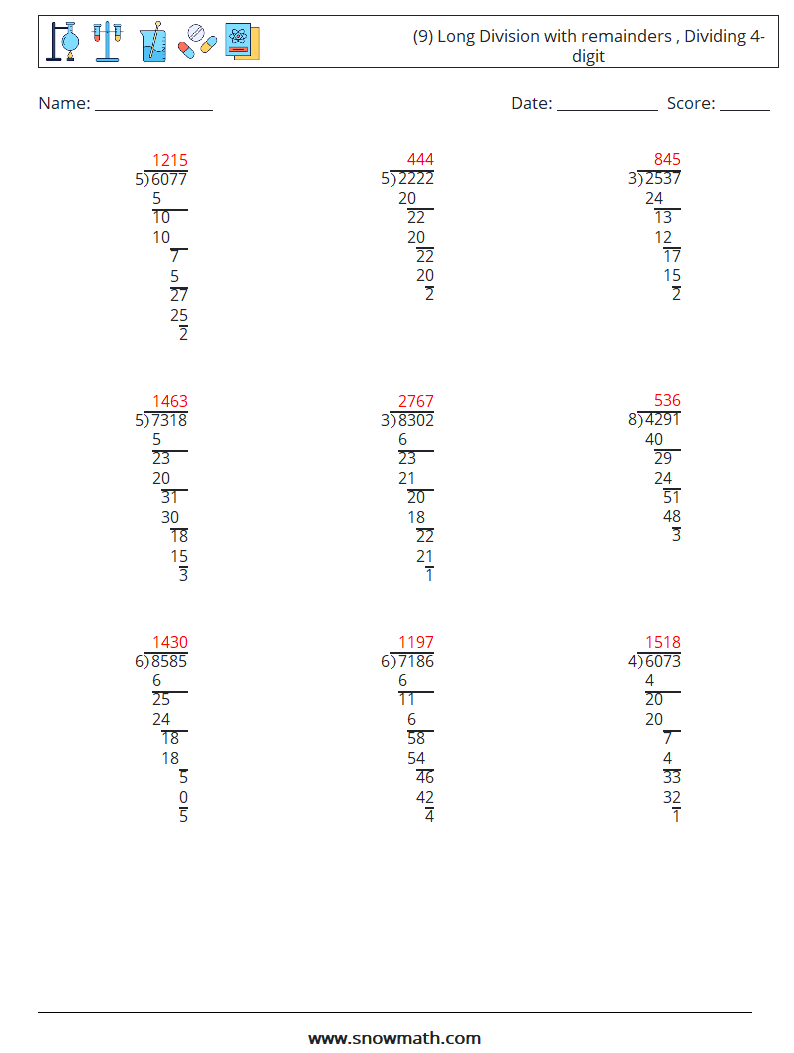 (9) Long Division with remainders , Dividing 4-digit Math Worksheets 16 Question, Answer