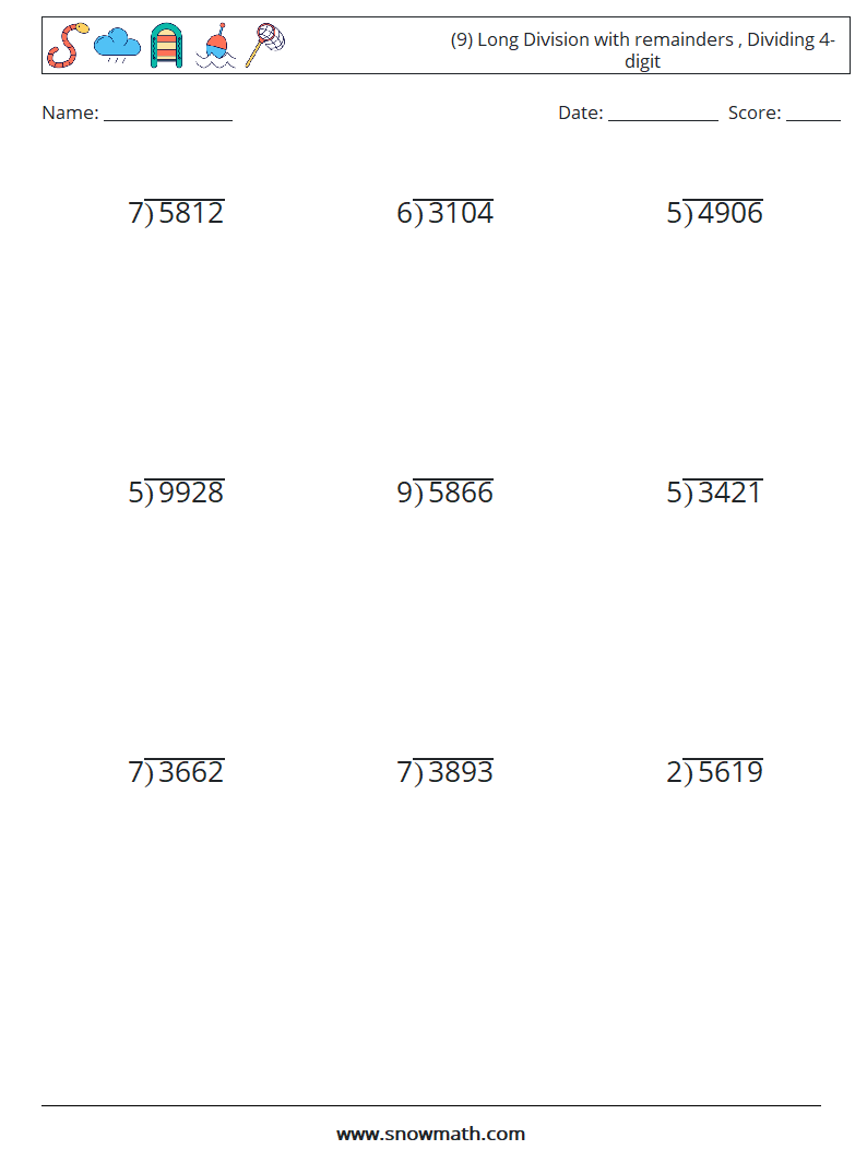 (9) Long Division with remainders , Dividing 4-digit Math Worksheets 17