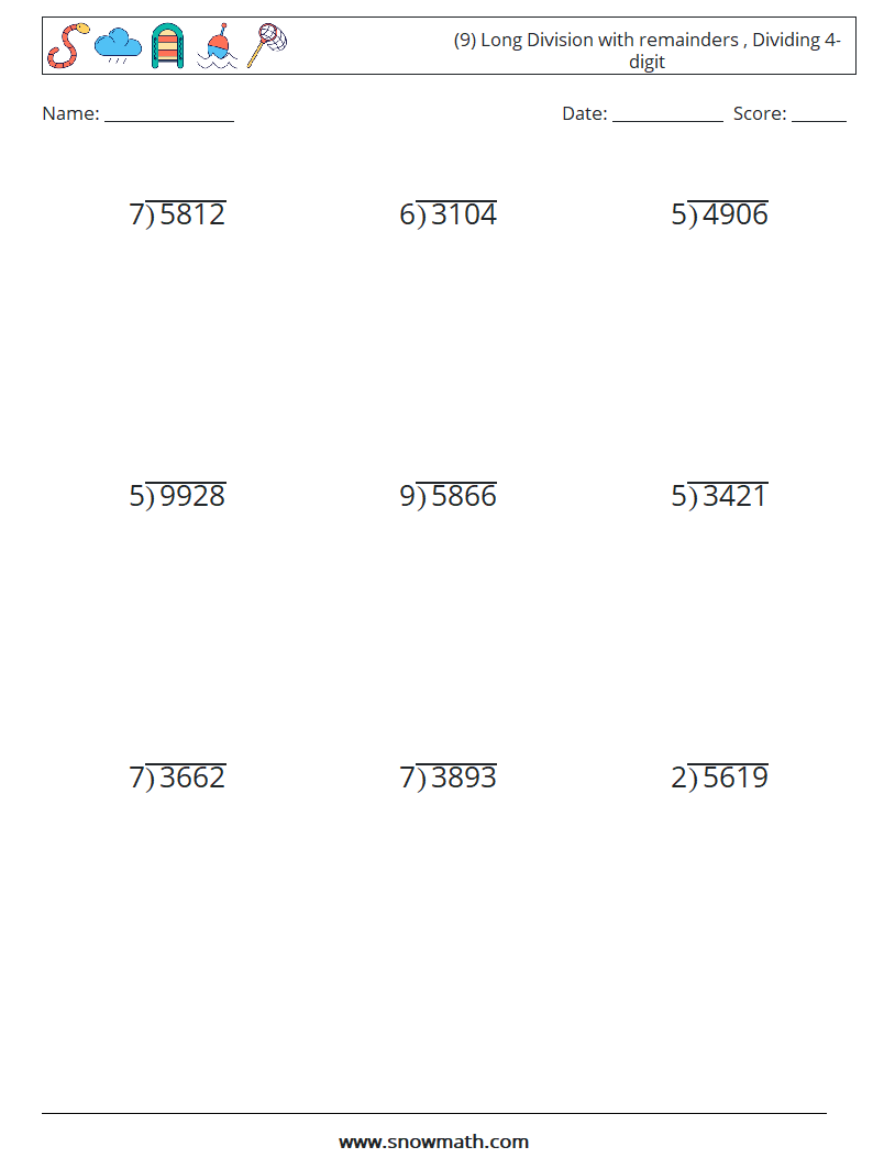 (9) Long Division with remainders , Dividing 4-digit Maths Worksheets 17