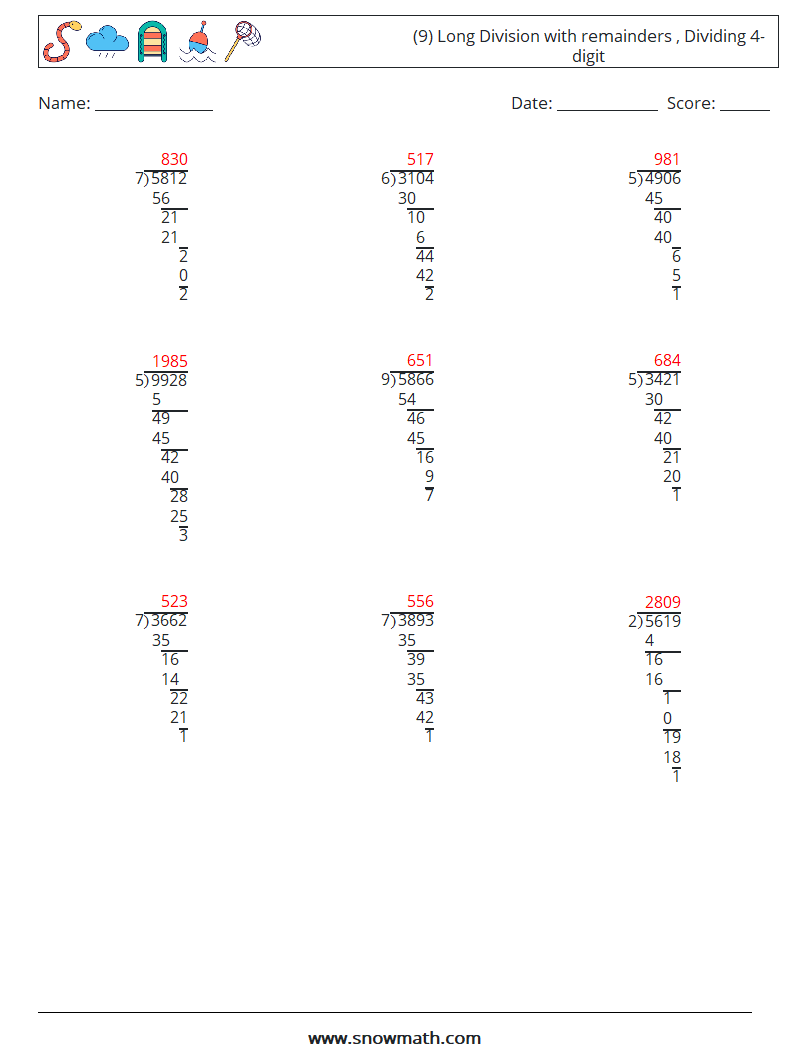 (9) Long Division with remainders , Dividing 4-digit Math Worksheets 17 Question, Answer