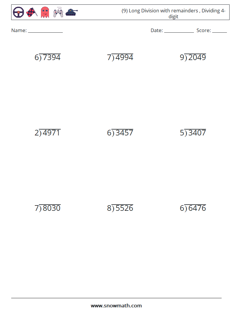 (9) Long Division with remainders , Dividing 4-digit Math Worksheets 18