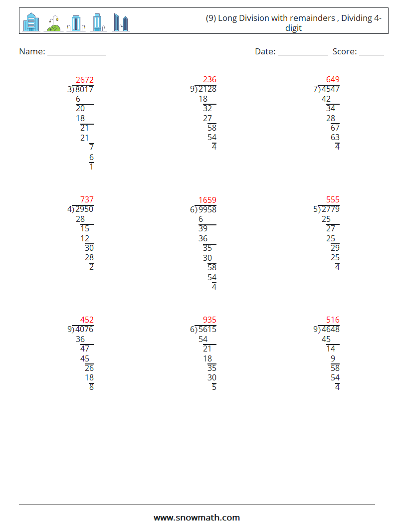 (9) Long Division with remainders , Dividing 4-digit Math Worksheets 1 Question, Answer