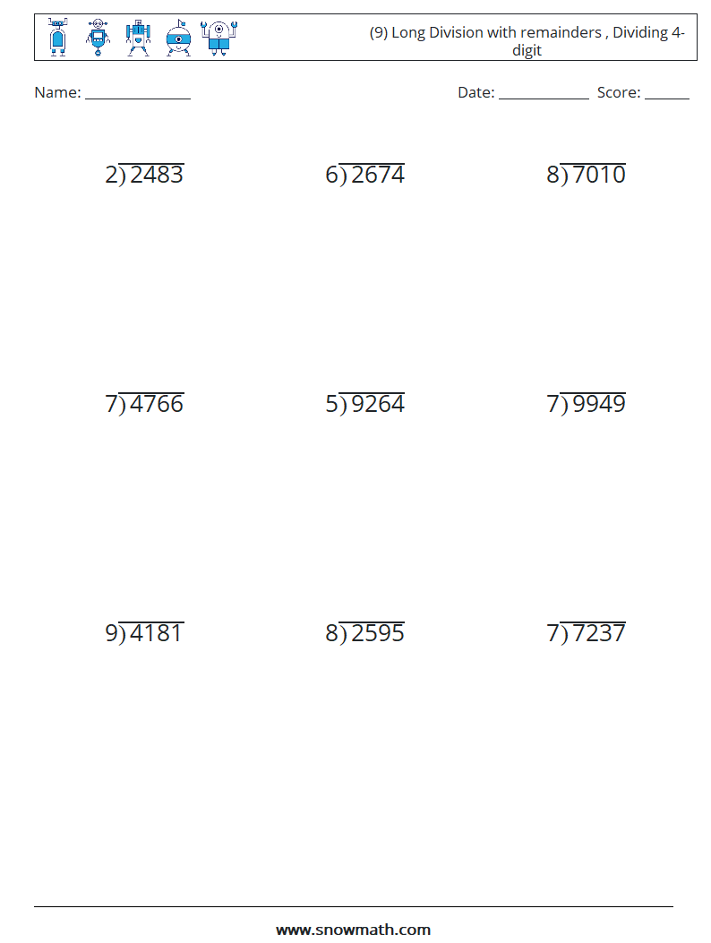 (9) Long Division with remainders , Dividing 4-digit Math Worksheets 2