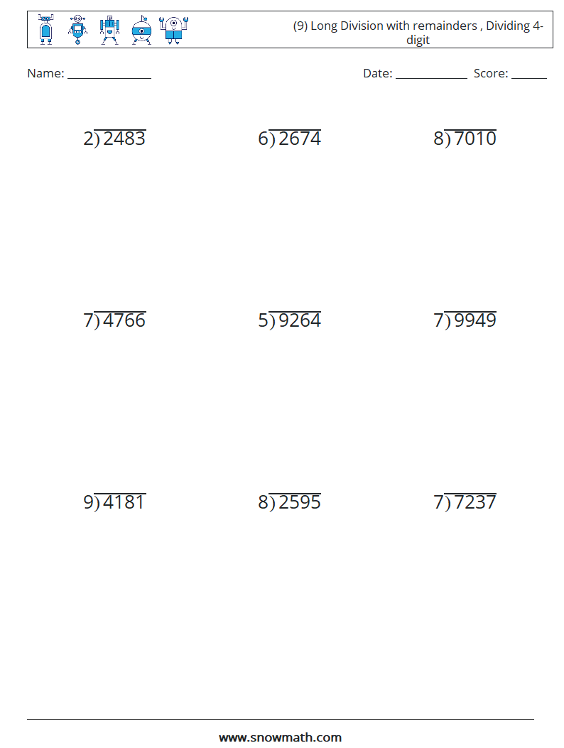 (9) Long Division with remainders , Dividing 4-digit Maths Worksheets 2