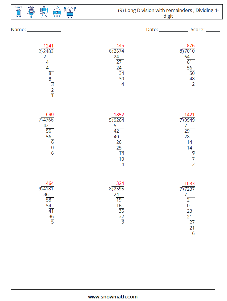 (9) Long Division with remainders , Dividing 4-digit Math Worksheets 2 Question, Answer