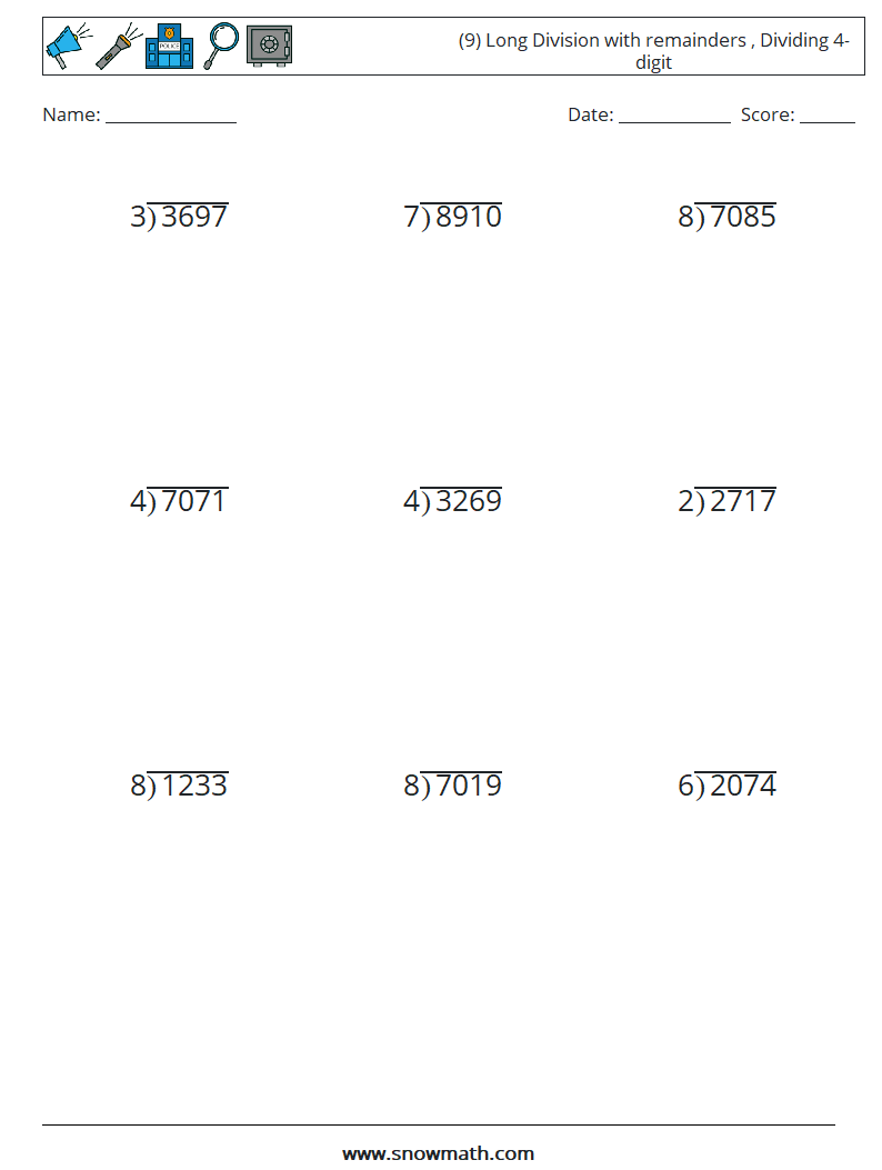 (9) Long Division with remainders , Dividing 4-digit Math Worksheets 3