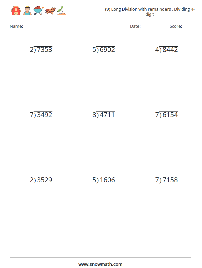 (9) Long Division with remainders , Dividing 4-digit Math Worksheets 4