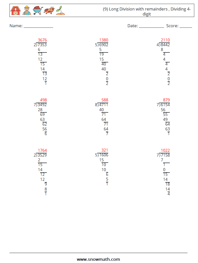 (9) Long Division with remainders , Dividing 4-digit Math Worksheets 4 Question, Answer