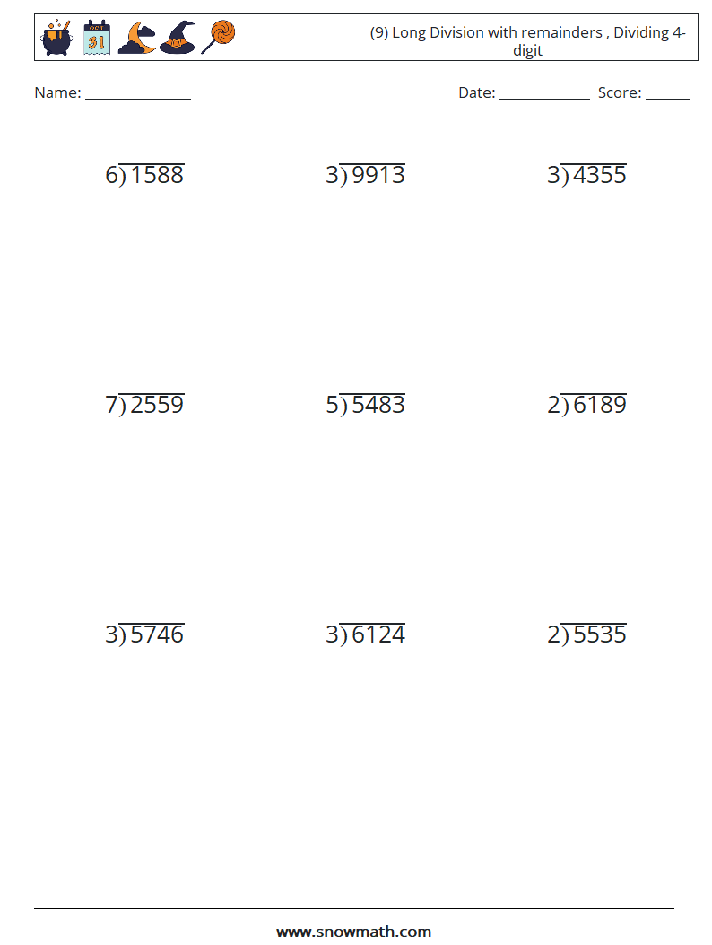 (9) Long Division with remainders , Dividing 4-digit Math Worksheets 5