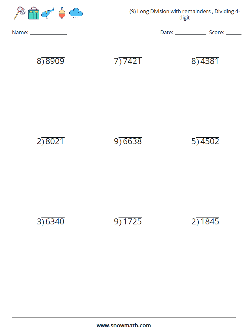 (9) Long Division with remainders , Dividing 4-digit Maths Worksheets 6