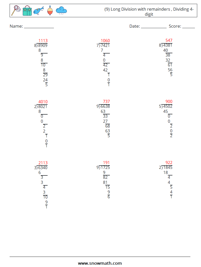 (9) Long Division with remainders , Dividing 4-digit Math Worksheets 6 Question, Answer