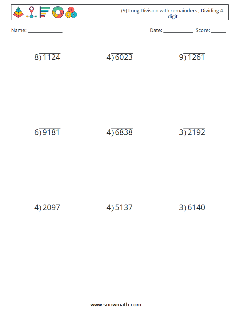 (9) Long Division with remainders , Dividing 4-digit Maths Worksheets 7