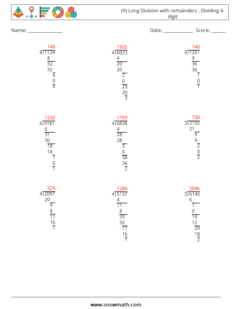 (9) Long Division with remainders , Dividing 4-digit Math Worksheets 7 Question, Answer