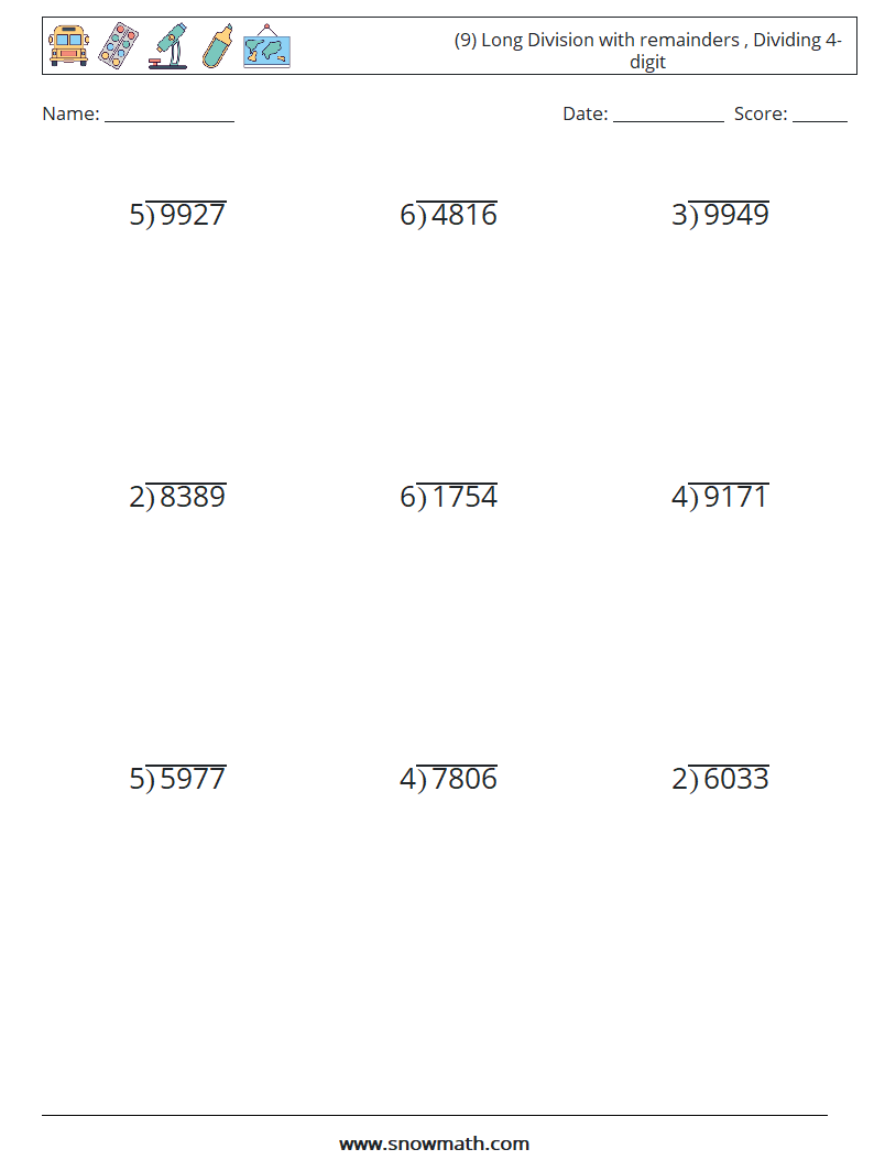(9) Long Division with remainders , Dividing 4-digit Math Worksheets 8