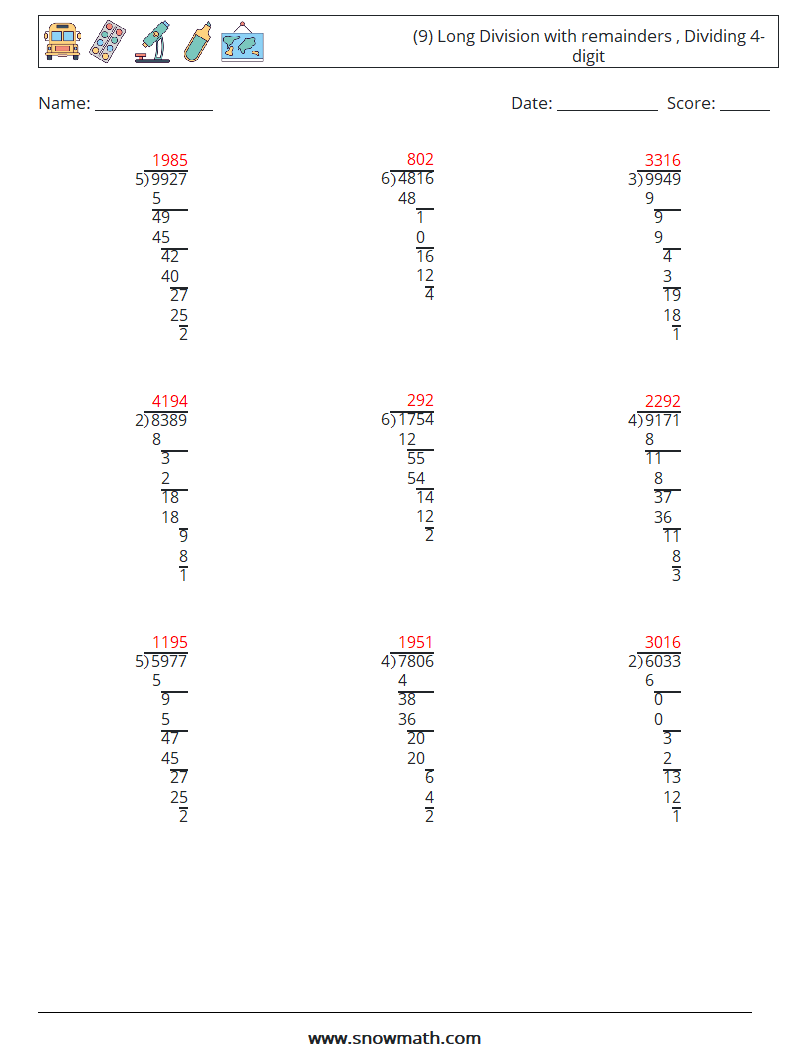 (9) Long Division with remainders , Dividing 4-digit Math Worksheets 8 Question, Answer