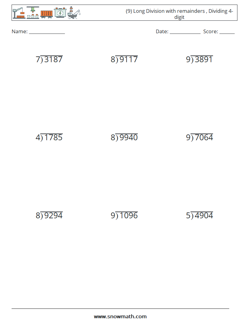 (9) Long Division with remainders , Dividing 4-digit Maths Worksheets 9