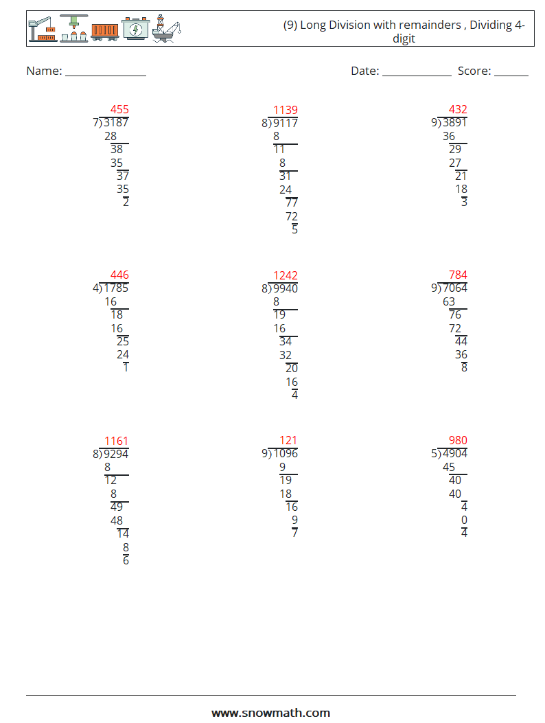 (9) Long Division with remainders , Dividing 4-digit Math Worksheets 9 Question, Answer