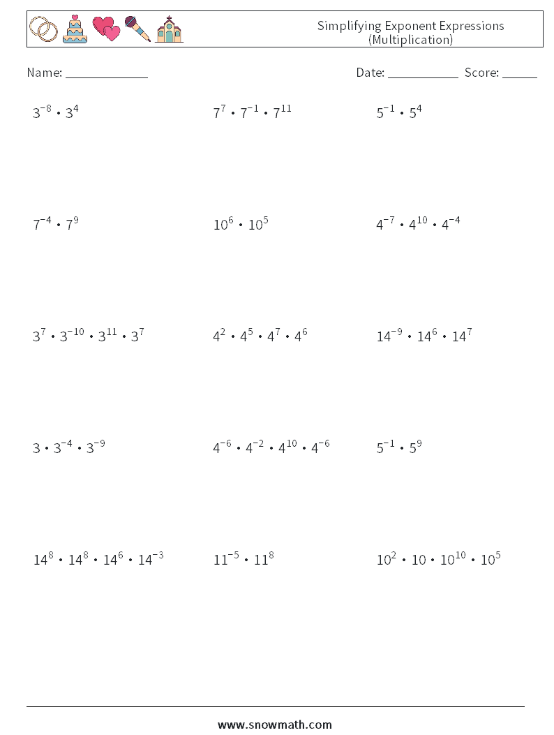 Simplifying Exponent Expressions (Multiplication) Math Worksheets 1