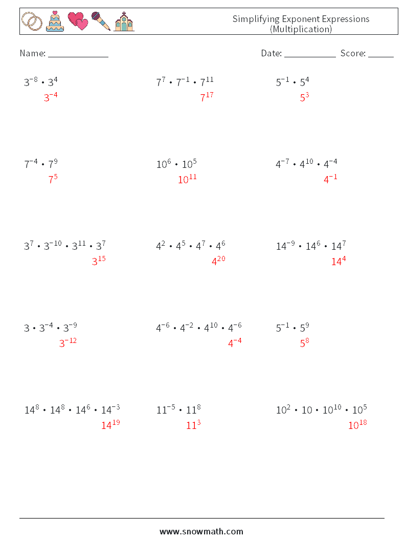 Simplifying Exponent Expressions (Multiplication) Math Worksheets 1 Question, Answer