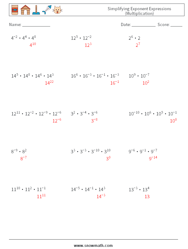 Simplifying Exponent Expressions (Multiplication) Math Worksheets 2 Question, Answer