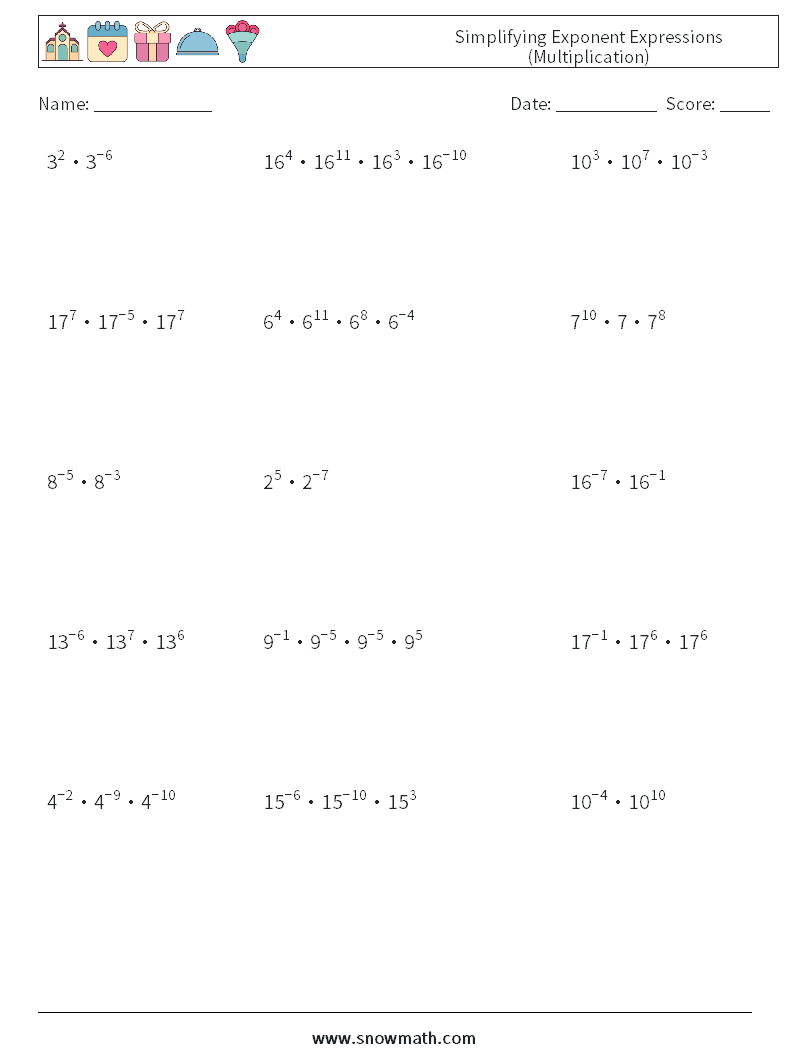 Simplifying Exponent Expressions (Multiplication) Maths Worksheets 3