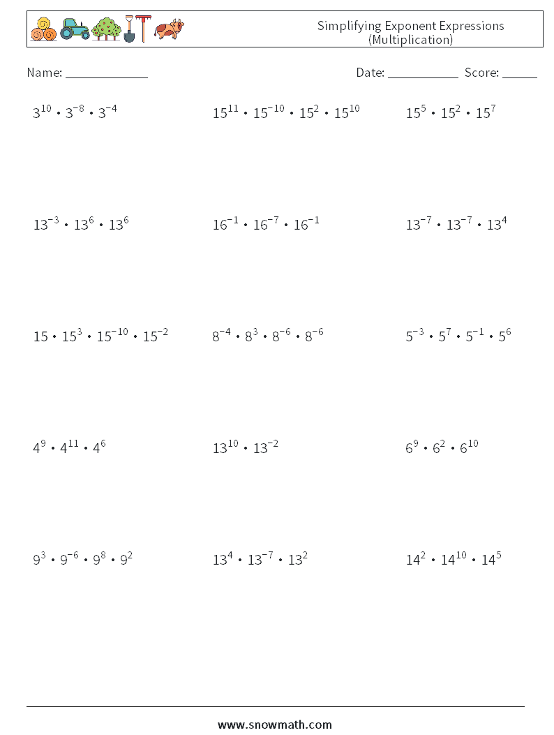 Simplifying Exponent Expressions (Multiplication) Math Worksheets 4