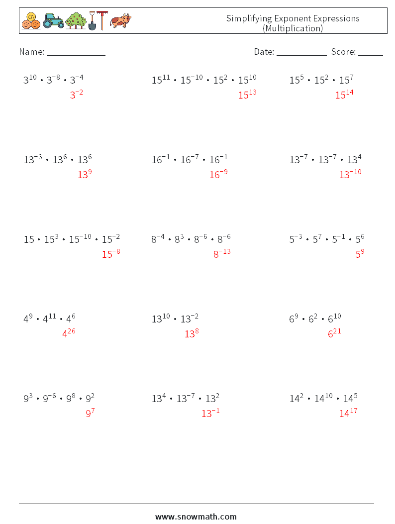 Simplifying Exponent Expressions (Multiplication) Math Worksheets 4 Question, Answer