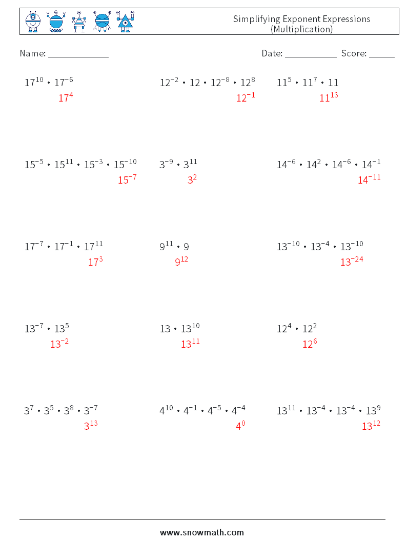 Simplifying Exponent Expressions (Multiplication) Math Worksheets 5 Question, Answer