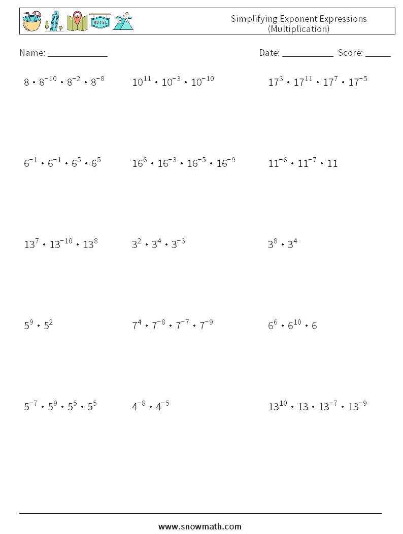 Simplifying Exponent Expressions (Multiplication) Maths Worksheets 6