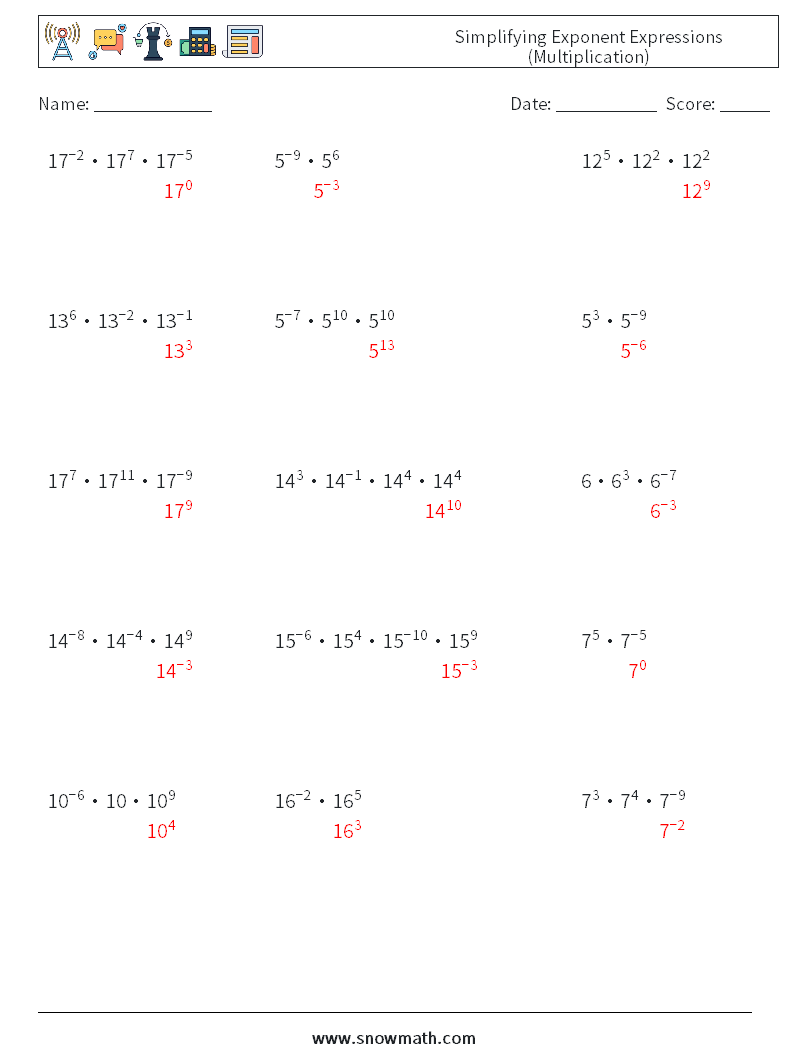 Simplifying Exponent Expressions (Multiplication) Math Worksheets 7 Question, Answer