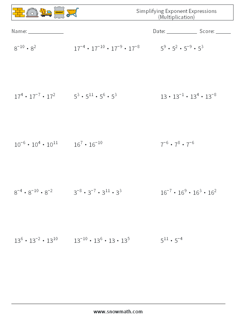 Simplifying Exponent Expressions (Multiplication) Math Worksheets 8