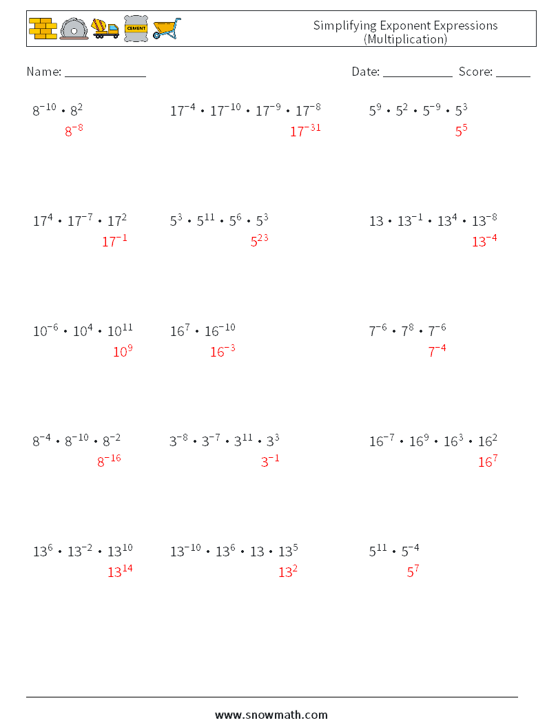 Simplifying Exponent Expressions (Multiplication) Math Worksheets 8 Question, Answer