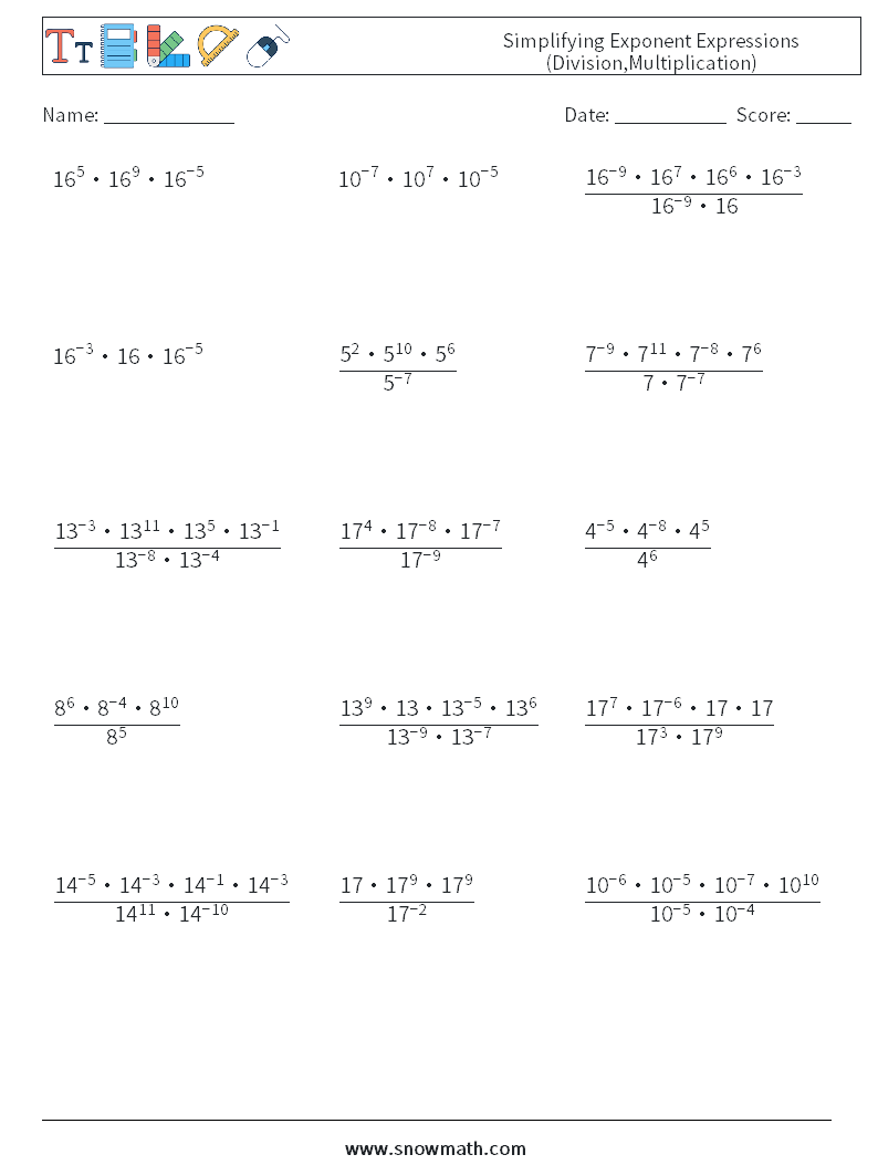 simplifying exponent expressions (division,multiplication) Math Pertaining To Multiply And Divide Integers Worksheet