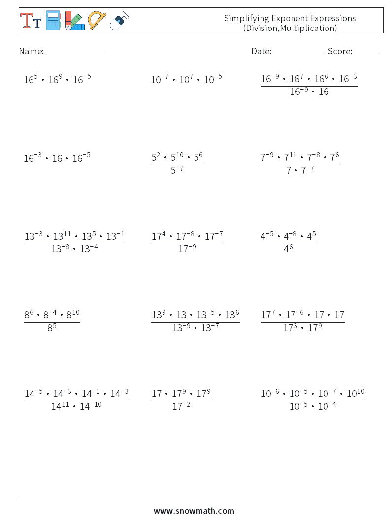 Simplifying Exponent Expressions (Division,Multiplication) Math Worksheets 1