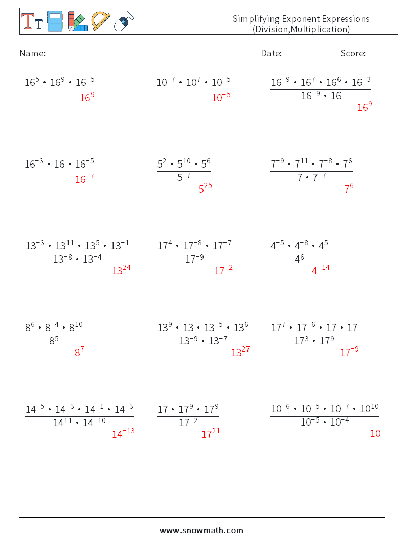 Simplifying Exponent Expressions (Division,Multiplication) Math Worksheets 1 Question, Answer